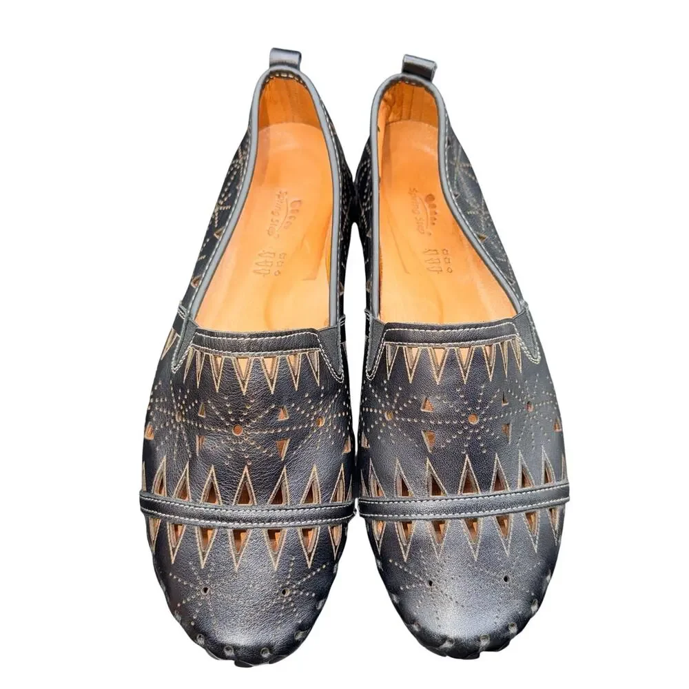 Spring Step Fusaro Black Leather Cutout Slip On Flats EU 41 US 10